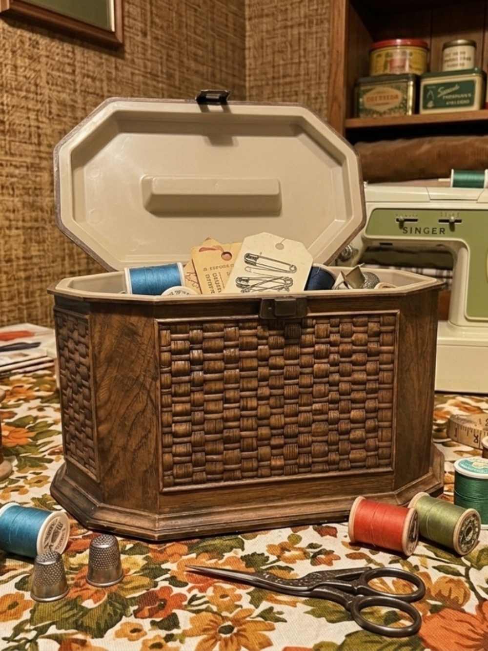 Vintage 1970s Lerner Faux-Wood & Wicker Sewing Box